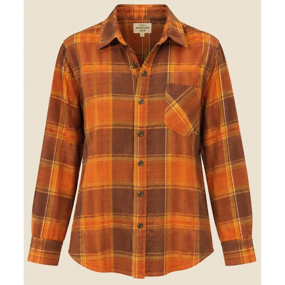 SPELL Sierra Flannel L Organic Cotton Orange Brown Plaid Boho Fall Western